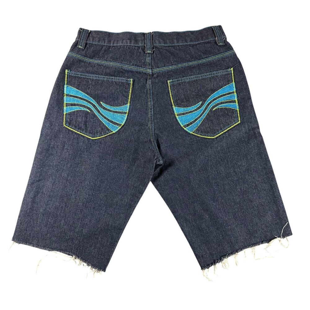 Vintage Y2K Jinzu Shorts Blue Denim Sz 33 Cut Off Baggy Embroidered Skate Mens
